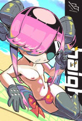 1boy 1femboy 2024 artist_name artist_signature beach birdblitz bulge femboy femboy_focus femboy_only gloves haigh_(birdblitz) hair_over_one_eye hair_strand male male_focus male_only nipples original pink_hair side-tie_bikini_bottom solo solo_femboy solo_focus solo_male sunglasses thighhighs twink