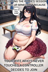 1girls ai_generated bbw black_hair blouse blue_eyes chubby chubby_female controller english_text fat female floral_pattern floral_print floral_print_dress frilled_skirt game_controller happy huge_breasts living_room long_hair maaya_(nastehbech) meme nastehbech original original_character polka_dot smile smiling wholesome