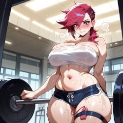 ai_generated arcane asymmetrical_hair bangs bare_arms bare_shoulders black_shorts blue_shorts blush breasts cameltoe cleavage closed_mouth clothing collarbone cowboy_shot curvy dolphin_shorts exercise eyebrow_cut female female_only gym hair_between_eyes heavy_breathing huge_breasts indoors large_breasts league_of_legends looking_down lunaart micro_shorts midriff navel pink_eyes pink_hair plump pussy_juice red_hair riot_games scar scar_across_eye sex_toy short_shorts shorts sidecut skindentation solo sports_bra standing stomach strapless sweat thick_thighs thigh_strap thighs tube_top undercut vi vi_(league_of_legends) vibrator vibrator_under_clothes weightlifting wet wet_clothes wide_hips