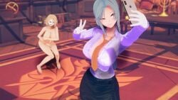 2girls 3d 3d_model big_breasts blue_hair breasts breasts_bigger_than_head breasts_out chiebukuro_setsuka danganronpa_another fanganronpa fully_nude giant_breasts iphone koikatsu koikatsu_(medium) large_breasts mask masked masked_female one_eye_closed phone purple_eyes rule_63 sannoji_mikado selfie super_danganronpa_another_2 yellow_eyes