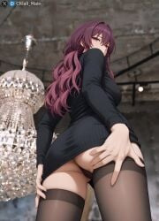 ai_generated ass ass_focus breasts citlali_main dress female half_naked half_nude honkai:_star_rail kafka_(honkai:_star_rail) purple_eyes purple_hair sexy sexy_body sexy_female sexy_pose solo solo_female underwear