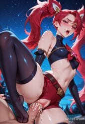 1boy ai_generated artist_name bare_shoulders belt black_gloves black_thighhighs blush breasts brown_belt cum cum_in_pussy elbow_gloves feet female fingerless_gloves futarush gloves hair_ornament jinx_(league_of_legends) league_of_legends long_hair navel night night_sky open_mouth outdoors patreon patreon_username penis pussy red_eyes red_hair red_shorts riot_games sex short_shorts shorts skindentation sky small_breasts solo_focus star_(sky) star_guardian_(league_of_legends) star_guardian_jinx star_guardian_series starry_sky straight sultryspark teeth thighhighs thighs toes tongue twintails uncensored vaginal_penetration