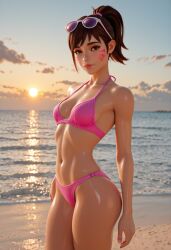 3d ai ai_generated beach big_ass bikini bikini_bottom bikini_top d.va female female_focus female_only overwatch perfect_body pink_panties ponytail ramuro sea small_breasts sun sunglasses sunglasses_on_head sunscreen sunset thong water wide_hips