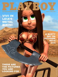 1girls 3d bantha-ii_cargo_skiff bare_shoulders big_breasts brown_hair busty cleavage curvy day detailed_background english_text eyelashes female female_only front_view green_eyes holding_object hourglass_figure human kondaspeter long_hair looking_at_viewer magazine_cover metal_bikini midriff outdoor outside playboy pose posing sand shadow shiny shiny_skin solo standing star_wars tatooine text vibro_axe vivi_(kondaspeter) voluptuous weapon wide_hips