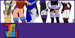 6girls argent_(dc) ass backblast belt black_leotard black_pubic_hair blackfire blonde_hair boots cartoon_network clothed clothing dc dc_comics dress_lift female female_only footwear gloves handwear jinx_(dc) jk komand'r koriand'r leotard leotard_aside multiple_girls no_panties partially_nude pouch pubic_hair pussy rachel_roth raven_(dc) red_hair shorts_down skirt_lift starfire stockings straight_hair tara_markov teen_titans terra_(dc) underwear