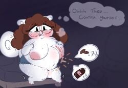 anthro ass belly big_belly big_breasts big_butt bloated blue_background bodily_fluids bottomwear bra breasts brown_hair clothing english_text eyewear female fluffy fluffy_hair fluffy_tail flying_squirrel food freckled_butt freckled_face freckles fur glasses grey_body grey_fur hair huge_breasts japanese_dwarf_flying_squirrel mammal miniskirt nerd office_clothing overweight overweight_female pawpads pink_nose pink_pawpads red_eyewear red_glasses rodent round_glasses rumbling_stomach sciurid shortstack shy simple_background skirt solo speech_bubble stuffing sweat sweater tail text theo_(yuka_tanga) topwear underwear white_body white_fur yuka_tanga