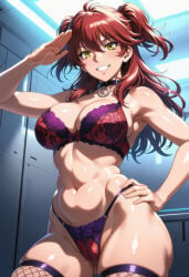 ai-generated bow_panties brainwashing choker dark_nipples defeated_villainess female_villain freckles freckles_on_face ginger ginger_female ginger_hair gundam gundam_00 highleg highleg_panties large_breasts nena_trinity red-haired_female saluting textless_version villainess yellow-eyed_female