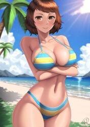 1girls arm_under_breasts arms_crossed arms_crossed_under_breasts atlus beach big_breasts bikini bikini_bottom bikini_top bottomwear breasts brown_eyes brown_hair cleavage female female_only hair hips mature mature_female mature_woman persona persona_5 plump rocky-ace sadayo_kawakami short_hair smile solo solo_female striped_bikini swimwear thighs topwear yellow_bikini