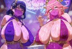 2girls absurd_res absurd_resolution absurdres ai_generated big_breasts big_nipples breasts breasts_bigger_than_head cosplay covered_nipples curvy curvy_figure duo ear_piercing ear_ring earrings fellatio_gesture female female_focus female_only genshin_impact gigantic_breasts gold_jewelry hair hair_ornament harem harem_girl harem_outfit hi_res high_quality high_resolution highres huge_breasts light-skinned_female long_hair mask meiogun multiple_girls nail_polish nails naughty naughty_face nipples oiled pink_eyes pink_hair puffy_nipples purple_eyes purple_hair raiden_shogun skindentation smile smiling smiling_at_viewer smug smug_face standing steam sweat sweatdrop thick_thighs upper_body yae_miko