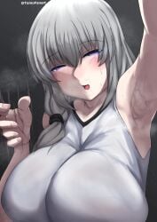 1girls alternate_version_available arm_up armpit armpits big_breasts blue_eyes blush breast_focus breasts female female_only gesture grey_hair hair half-closed_eyes handjob_gesture huge_breasts large_breasts looking_at_viewer mature mature_female mature_woman milf mother motion_blur motion_lines sexually_suggestive shirt smile solo solo_female steam steaming_body steamy steamy_armpits sweat sweatdrop sweaty_armpit tomodachi_(tomofanart) topwear upper_body upper_body_focus uzaki-chan_wa_asobitai! uzaki_tsuki white_shirt