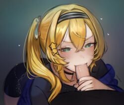 1boy absurdres black_choker black_nails black_shirt black_shorts blonde_hair blue_jacket choker commentary condom crossed_bangs dokibird dokibird_(alt-girl_doki) double-parted_bangs english_commentary fellatio female green_eyes hair_between_eyes hair_ornament hairband heart heart-shaped_pupils highres indie_virtual_youtuber jacket jewelry just_the_tip long_hair looking_at_viewer nail_polish necklace off_shoulder official_alternate_costume official_alternate_hairstyle oral penis rukunikun shirt shorts side_ponytail simple_background solo_focus star_(symbol) star_hair_ornament straight symbol-shaped_pupils used_condom virtual_youtuber x_hair_ornament