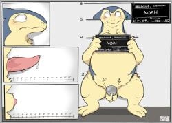 absurd_res animal_genitalia anthro badger balls blush blush_lines bodily_fluids chastity_cage chastity_cage_only chastity_device chastity_device_only dripping ear_piercing ear_ring english_text erection fur fur_tuft generation_2_pokemon genital_fluids genitals hi_res leaking_precum male mammal mugshot mustelid musteline nintendo nude penis piercing pokemon pokemon_(species) precum precum_drip ring_piercing sheath sodacaps solo tapering_penis text tuft typhlosion wearing_chastity_cage wearing_chastity_device