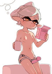 +_+ :/ areolae bare_arms bare_shoulders breasts closed_mouth cup dildo domino_mask earrings female hair_rings holding holding_cup jewelry marie_(splatoon) mask mole mole_under_eye mug navel nipples notori_d orange_eyes pointy_ears short_hair silver_hair small_breasts solo splatoon squid_sisters strap-on symbol-shaped_pupils tentacle_hair thought_bubble topless