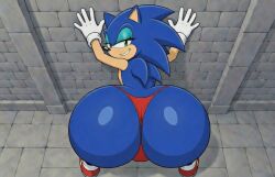 1boy 1femboy ai_generated ass_focus bent_over big_ass big_butt butt_focus crossdressing eyes_half_closed femboy gay grok hands_on_wall lashes looking_at_viewer male male_only red_shoes red_thong seductive_look sega smile solo sonic_(series) sonic_the_hedgehog sonic_the_hedgehog_(series) teal_eyeshadow white_gloves