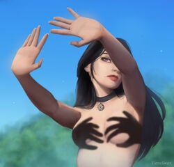 1girls 2d black_hair breasts cd_projekt_red choker completely_nude convenient_censoring elenaswan female hands_casting_shadow light-skinned_female light_skin mascara meme meme_reference necklace nipples_covered nude purple_eyes shadow solo solo_female the_witcher_(series) the_witcher_3:_wild_hunt yennefer