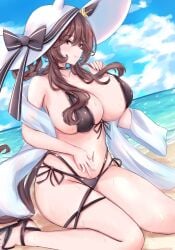 absurdres alternate_costume animal_ears beach bikini black_bikini blue_sky blush braid braided_hair_rings breasts brown_hair cdsola cleavage closed_mouth cloud cloudy_sky commentary_request day female gentildonna_(umamusume) hair_rings hat highres horizon horse_ears horse_girl horse_tail huge_breasts long_hair looking_at_viewer navel ocean on_ground outdoors red_eyes shawl sky smile solo stomach sun_hat swimsuit tail thighs umamusume white_shawl