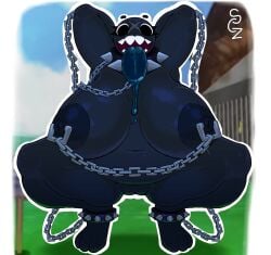 anthro ass belly big_belly big_breasts big_butt big_eyes black_body bodily_fluids bound bracelet breasts chain_chomp chained chains collar crouching detailed_background digital_drawing_(artwork) digital_media_(artwork) exposed_breasts female female/female genitals gigi_(thecoatl034) huge_belly huge_breasts humanoid jewelry long_tongue mario_bros nintendo overweight overweight_female saliva saliva_on_tongue sczbunn sharp_teeth solo spiked_bracelet spiked_collar spikes spread_legs spreading squat_position squatting_pose super_mario_64 teeth tongue vulva