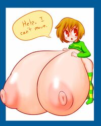 1girls big_breasts big_nipples bottomless breasts chara female female_only fuppy-jr gigantic_breasts huge_breasts hyper hyper_breasts partially_clothed puffy_nipples red_eyes small_shirt stockings text undertale