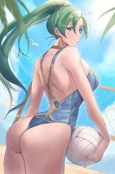 1girls alternate_costume ass bare_shoulders blush breasts calmgreentori embarrassed female fire_emblem green_eyes green_hair large_breasts long_hair looking_at_viewer looking_back lyn_(fire_emblem) nintendo one-piece_swimsuit ponytail sideboob solo swimsuit very_long_hair volleyball volleyball_net