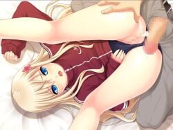 1boy after_sex belt bishoujo_(game) blonde_hair blue_eyes blush buruma buruma_aside censored clothing_aside cum cum_in_pussy cumdrip female flower game_cg gym_uniform hair_flower hair_ornament haruna_altonen jacket kneepits legs_up long_hair lying mosaic_censoring nonohara_miki on_back open_fly open_mouth pants penis penis_out pussy solo_focus spread_legs straight tears track_jacket variant_set