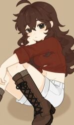 1girls ai_generated booty_shorts character_introduction character_profile female honeybunn14 looking_at_viewer not_porn original_character shirt_lift shirt_up sitting sitting_down tori_(honeybunn14)