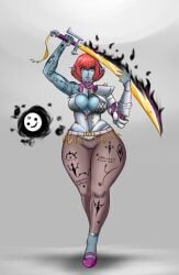 1girls blue-skinned_female blue_skin blue_skinned_female boob_window breasts cameltoe claws cleavage cleavage_window colored_skin dark_elf elf elf_female elf_girl fantasy female_warrior franktonius ghost holding holding_sword holding_weapon impractical_armor long_legs oc original original_character red_eyes red_hair red_head red_iris red_irises simple_background skimpy_armor skin_tight solo solo_focus sword tatoos tattoo thick_thighs tight_clothing tights warrior weapon wide_hips