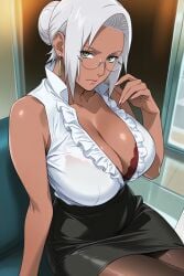 1girls ai_generated bangs bare_chest bare_legs bare_shoulders bare_thighs big_breasts black_skirt bra breasts brown_skin busty center_opening chair cleavage collarbone curvaceous curvy curvy_body curvy_female curvy_figure cute cute_face dark-skinned_female dark_skin dress dress_down dress_only dress_shirt eyewear female female_only frilled_shirt frilled_shirt_collar glasses green_eyes hair_bun high_collar large_breasts lingerie lingerie_bra long_hair long_sleeves mabui mature mature_female megane mommy naruto naruto_(series) naruto_shippuden office office_lady open_clothes open_shirt oppai pantyhose pencil_skirt petite pinup revealing_clothes rimless_eyewear rimless_glasses secretary seducing seduction seductive seductive_body seductive_gaze seductive_look seductive_mouth seductive_pose seductive_smile sexy sexy_body sexy_female shiny shiny_hair shiny_skin shirt_tucked_in sitting_on_chair skimpy skimpy_clothes smooth_skin solo solo_focus teal_eyes thighs tied_hair trj upper_body voluptuous voluptuous_female white_hair white_skirt wide_hips wide_sleeves