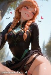 1girls ai_generated anna_(frozen) ass blue_eyes blush clitoris closed_mouth curvy disney disney_channel disney_princess english_text female female_focus female_on_cloth female_on_top fringe frozen_(film) frozen_2 heart heart_symbol hi_res horny horny_female klexyai legwear light_skin looking_at_viewer low-angle_view orange_hair outdoors penis penis_in_pussy ponytail pussy side_view smile stockings sweatdrop teeth text thighs uncensored watermark