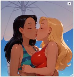 2girls ai_generated aqua_bikini aqua_swimsuit bangs bare_arms bare_shoulders beach beach_umbrella big_breasts bikini black_hair blonde_female blonde_hair blush breast_press breasts cleavage closed_eyes collarbone couple dark-skinned_female dark_skin day disney duo female/female female_only guloyu84 hugging kissing lifeguard_(lilo_and_stitch) lilo_and_stitch lips long_hair love medium_breasts multiple_girls mutual_yuri nani_pelekai neck one-piece_swimsuit outdoors parted_bangs red_one-piece_swimsuit red_swimsuit romantic romantic_couple smile straight_hair striped_bikini striped_swimsuit swimsuit symmetrical_docking teenage_girl teenager umbrella upper_body wet wet_body yuri