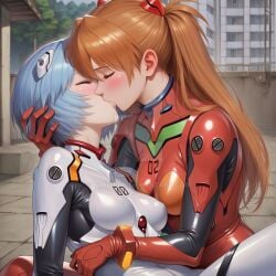 2girls ai_generated asuka_langley_sohryu blush bodysuit bopitphy breasts brown_hair closed_eyes couple day duo eyebrows_visible_through_hair female/female female_only grey_hair hair_between_eyes hair_ornament hairpods hugging kissing lips long_hair love medium_breasts multiple_girls mutual_yuri neck neon_genesis_evangelion outdoors plugsuit red_bodysuit rei_ayanami romantic romantic_couple short_hair skin_tight small_breasts teenage_girl teenager tied_hair white_bodysuit yuri