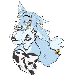 2d anthro armwear bell bell_accessory bell_choker bell_collar bikini blue_fur blush bra breast_expansion breasts_bigger_than_head choker collar cow_print cow_print_armwear cow_print_bikini cow_print_bra cow_print_panties cow_print_thighhighs digital_media_(artwork) ear_tag female_focus female_only fox fox_girl furry furry_female furry_only horn_hairband light_blue_fur light_blue_hair one_ear_up open_mouth_smile panties shiyaa_stuff simple_background smiling string_bikini string_panties tag thighhighs two-tone_fur white_background
