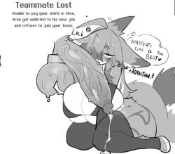 anthro aran_(shiyaa_stuff) bad_end bad_ending ball_ring balls ballsack black_bra black_thighhighs bra busty busty_male collar cum dialogue disembodied_penis eyes_rolling_back furry furry_male gameplay_mechanics heart-shaped_pupils licking_penis male male_only mind_break monochrome shiyaa_stuff simple_background sweaty_balls sweaty_penis text thighhighs veiny_penis white_background