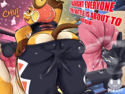 4:3 absurd_res animal_humanoid anthro ass bodily_fluids butt_focus butt_sniffing canid canid_humanoid canine canine_humanoid canis entrapment extreme_size_difference fan_character froogg generation_1_pokemon genitals hi_res humanoid male mammal mammal_humanoid micro musk musk_cloud nintendo penis_on_balls pokemon pokemon_(species) raichu size_difference smaller_anthro sniffing sweat sweaty_butt sweaty_genitalia text trapped_in_clothing wolf wolf_humanoid