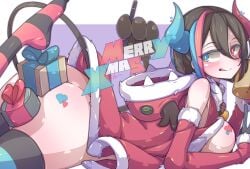 black_tail breasts christmas demon_horns eko._(yzcheneko) female gift gloves hand_tail highres holding_jug hood horns looking_back lying multicolored_hair multicolored_horns original thighhighs tongue tongue_out