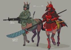 2020 2girls :d animal_ears animal_tail armor arrow_(symbol) assault_rifle bangs before_and_after bipod black_hair breasts camouflage camouflage_headwear camouflage_jacket centaur clothing commentary commentary_request contrast dark-skinned_female dark_skin dou english_commentary english_language eyebrows eyebrows_visible_through_hair eyepatch eyewear female female_focus full_body grey_background gun hair_between_eyes hat headwear helmet high_resolution highres holding holding_gun holding_naginata holding_object holding_polearm holding_weapon hooves horse_ears horse_tail jacket japanese_armor kabuto kabuto_(helmet) katana kote kusazuri large_breasts long_hair looking_at_another machine_gun menpoo mikoyan military military_combat_uniform military_hat military_jacket military_uniform mixed-language_commentary monster_girl multiple_girls multiple_legs muzzle_device naginata open-mouth_smile open_mouth original polearm pouch red_armor red_headwear red_helmet rifle samurai samurai_armor shadow sheath sheathed shin_guards short_hair shoulder_armor sidelocks simple_background smile sode soldier standing standing_on_three_legs suneate sword tail taur translation_request uniform weapon
