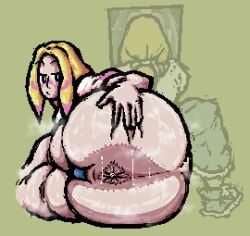 1girls 5_fingers amysteriousmr anal_fluids anal_juice anus anus_juice big_ass big_butt character_name colored_hair face_paint grabbing grabbing_ass grabbing_own_ass hair hair_ornament hair_ribbon looking_at_viewer maebari medium_breasts mina_(pokemon) multiple_angles pink_hair pixel_art pokemon pussy_tape shoes short_hair simple_background solo solo_female spread_anus spread_ass spread_legs spread_own_legs spreading sweat sweat_string sweaty_anus yellow_background yellow_hair
