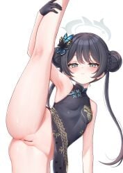 armpits bar_censor black_dress black_gloves black_hair blue_archive braid breasts bun_with_braided_base butterfly_hair_ornament censored china_dress chinese_clothes closed_mouth commentary double_bun dragon_print dress female gloves grey_eyes hair_bun hair_ornament half_gloves halo highres honon kisaki_(blue_archive) leg_lift leg_up long_hair looking_at_viewer no_panties print_dress pussy side_slit simple_background sleeveless sleeveless_dress small_breasts solo split standing standing_on_one_leg standing_split twintails white_background