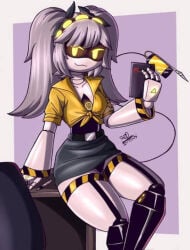 1girls belt black_skirt chair female female_focus female_only grey_hair j_(murder_drones) murder_drones office robot robot_girl robot_humanoid rod_akihiro solo solo_female solo_focus table tail thick_thighs thighs yellow_eyes yellow_shirt