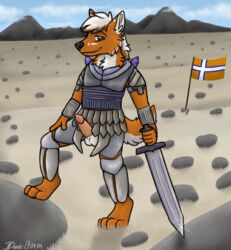 anthro armor canid canine canis clothed clothing dinski ethiopian_wolf flag hi_res knight male male_only mammal melee_weapon penis solo sprrigs sword weapon wolf