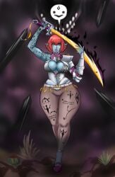 1girls blue-skinned_female blue_skin blue_skinned_female boob_window breasts cameltoe claws cleavage cleavage_window colored_skin dark_elf elf elf_female elf_girl fantasy female_warrior franktonius ghost holding holding_sword holding_weapon impractical_armor long_legs oc original original_character red_eyes red_hair red_head red_iris red_irises skimpy_armor skin_tight solo solo_focus sword tatoos tattoo thick_thighs tight_clothing tights warrior weapon wide_hips