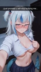 ai_generated blackmail blush breasts bully bullying degradation gawr_gura glasses gray_hair school_uniform schoolgirl skirt snapchat tail waist white_shirt white_skin