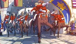 animal_ears blonde_hair blue_eyes brown_hair cannon centaur eyepatch flag furry gloves gun highres mikoyan monster_girl muzzle_device red_eyes sword tail taur weapon