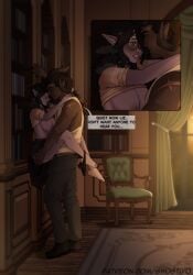 1boy1girl background clothed clothed_sex clothing dark_skin drow drow_(dnd) elf elf_ears elf_female elf_girl ghostiyo glasses holding_legs large_breasts library panties panties_around_one_leg pants_down purple_skin quiet_sex round_glasses scar scars shirt_lift shirt_up skirt skirt_lift skirt_up standing standing_sex text text_box text_bubble tiefling tiefling_boy