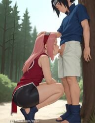 1boy age_difference ai ai_art ai_generated ass bike_shorts black_eyes black_hair black_shorts blue_footwear blue_shirt boruto:_naruto_next_generations boruto:_two_blue_vortex closed_eyes day fellatio female forehead_protector from_side hand_on_another's_head headband konohagakure_symbol long_hair naruto naruto:_the_last naruto_(classic) naruto_(series) naruto_shippuden open_fly oral outdoors penis pink_hair sakura_haruno sandals sasuke_uchiha shirt short_shorts shorts sleeveless squatting straight tagme tiptoes toeless_footwear tree uchiha_sasuke uncensored video white_shorts xxai