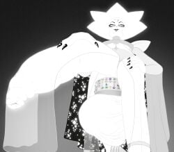 ball_ring black_lipstick black_nails clothed dark_background diamond diamond_(shape) diamond_authority foreskin futa_only futanari gem_(species) giantess glowing_body glowing_penis half-closed_eyes hand_on_hip hand_on_penis huge_balls huge_cock hyper hyper_balls hyper_penis implied_death jingles_(artist) leotard looking_at_viewer looking_down looking_down_at_viewer massive_balls massive_penis penis_out sharp_fingernails smiling solo solo_futa translucent_clothing uncut white_body white_diamond_(steven_universe) worm's-eye_view