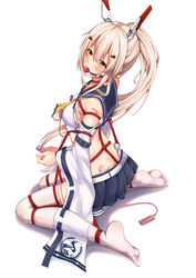 anal_beads ayanami_(azur_lane) azur_lane ball_gag bangs belt blush bondage bound breasts eyebrows_visible_through_hair female from_side gag hair_between_eyes hair_ornament headgear high_ponytail highres long_hair looking_at_viewer no_shoes pleated_skirt ponytail red_eyes restrained sailor_collar school_uniform serafuku shirt sidelocks simple_background sitting skirt soles solo thighhighs tied_up vibrator wariza white_background white_legwear yiduan_zhu