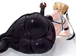 arm_belt armband ass ass_focus bare_shoulders black_armband black_gloves black_pants blonde_hair braid bun_with_braided_base commentary_request elbow_gloves evelyn_chevalier female female_only from_behind gloves hair_bun highres huge_ass hunyunruomeng latex_pants looking_back lying on_side pants sleeveless tank_top thick_thighs thighs white_tank_top zenless_zone_zero