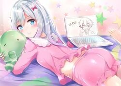 1boy 1girls ass barefoot bed bedroom cute cyan_eyes embarrassed eromanga_sensei female hair_ribbon human izumi_sagiri laptop looking_at_viewer lying_on_bed lying_on_stomach pink_clothes pink_fingernails stuffed_animal white_hair