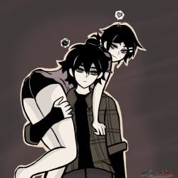 1boy 1girls 2d andrew_graves ashley_graves ass ass_focus black_hair brother_and_sister carrying carrying_over_shoulder carrying_partner clothed female green_eyes incest legs looking_at_viewer looking_back male nox_revelion pink_eyes siblings straight teenager the_coffin_of_andy_and_leyley thighs