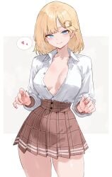1girls blonde_hair blue_eyes bluefield blush breasts cleavage clothed clothing female female_only hair_ornament heart hololive hololive_english hololive_myth hourglass_figure looking_at_viewer medium_breasts no_bra plaid_skirt shirt short_hair short_skirt skirt slim_waist standing unbuttoned unbuttoned_shirt virtual_youtuber watson_amelia white_background